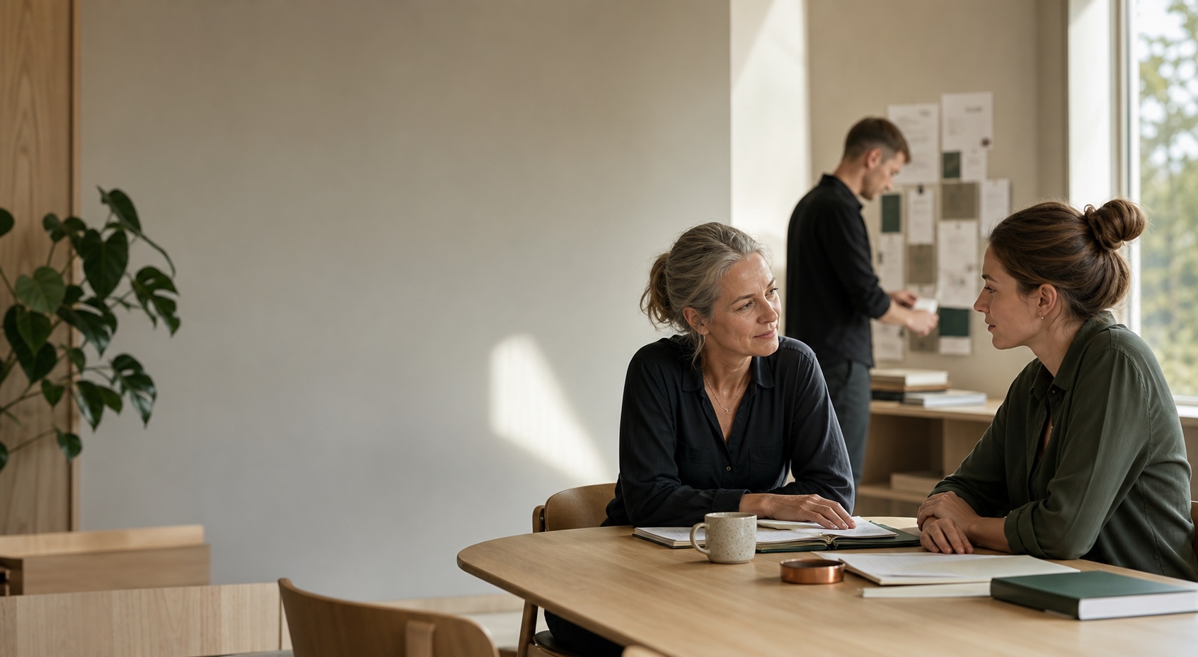 Two colleagues transferring operational knowledge in a calm workplace
