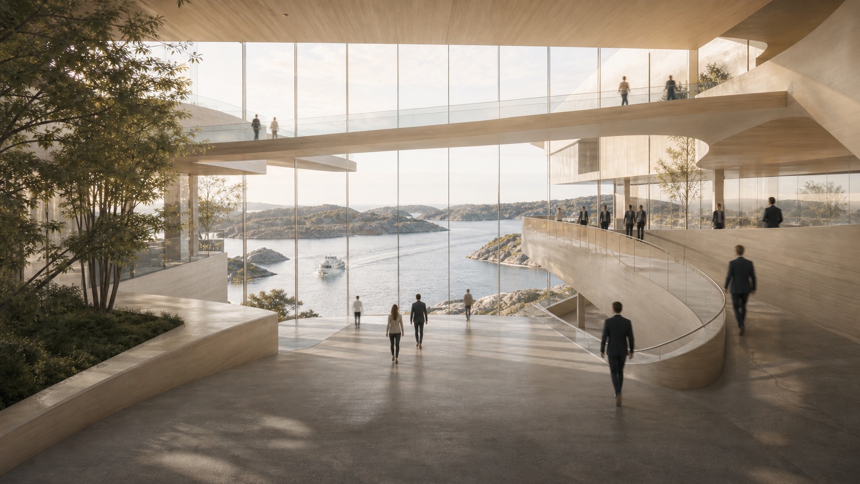 People moving together through a Scandinavian atrium overlooking the archipelago
